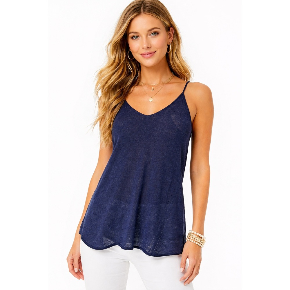 Lilly Pulitzer Navy Blue‎ Sheer Knit Tank Top Spaghetti Strap Lightweight Size M